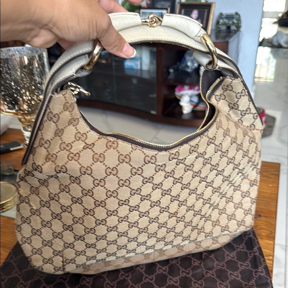 Gucci Brown and Cream Shoulder Bag with GG Monogram